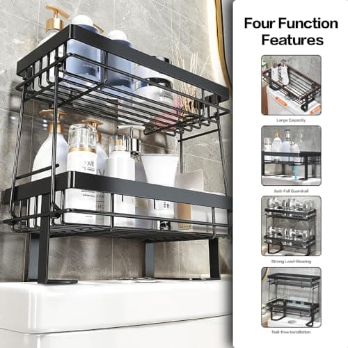 Toilet Storage Organizer Shelf, 2 Tier Stackable Bathroom Organizer & Storage Rack, Screwless Design, Punch-Free - Black