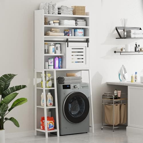 Meilocar White Freestanding Toilet Storage Cabinet with Sliding Doors