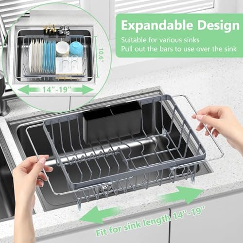 LEMIKKLE Space-Saving Expandable Dish Drying Rack with Cutlery Holder - Grey