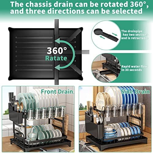 2-Tier Large Stainless Steel Dish Drying Rack with Drainboard for Kitchen Counter, Black