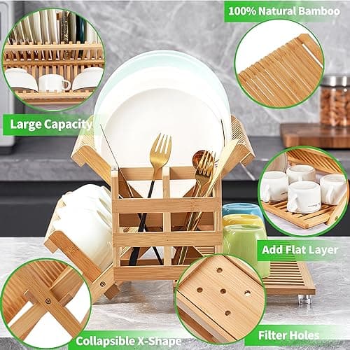 Bamboo Collapsible 3-Tier Dish Drying Rack with Holder