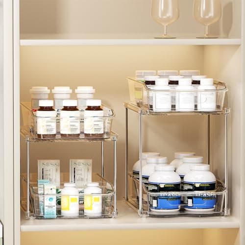 LAMU 2-Pack Clear Bathroom Storage, 2-Tier Pull-Out Sink Organizers with Drawers & Dividers