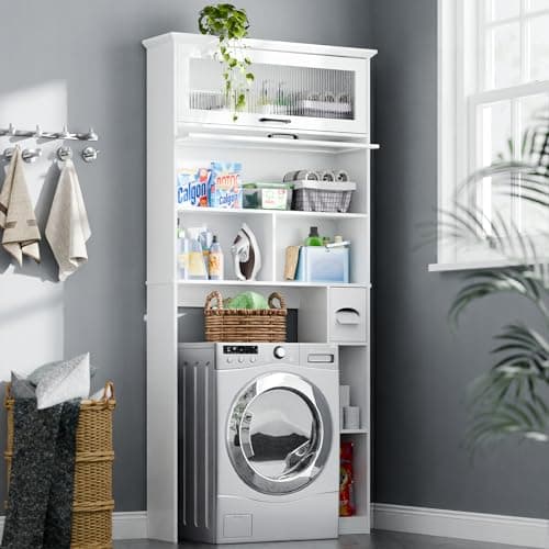 Bathroom Storage Cabinet with Transparent Door and Multiple Shelves, Freestanding Toilet Paper Organizer, White