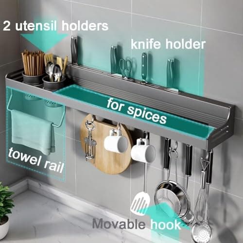 HGH365 Black Stainless Steel Wall Mount Spice Rack with Hooks, 23.7in Seasoning Jar Organizer