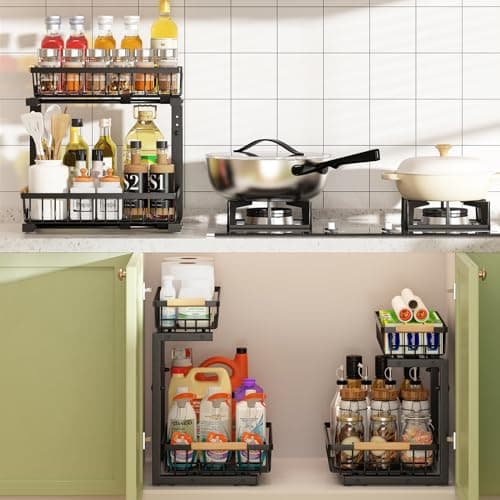 REALINN Height Adjustable Under Sink Organizer, 2 Tier Pull Out Cabinet Storage for Kitchen & Bathroom