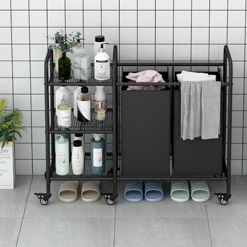 LINZINAR 2 Bag Laundry Basket Sorter with Storage Shelf, Black
