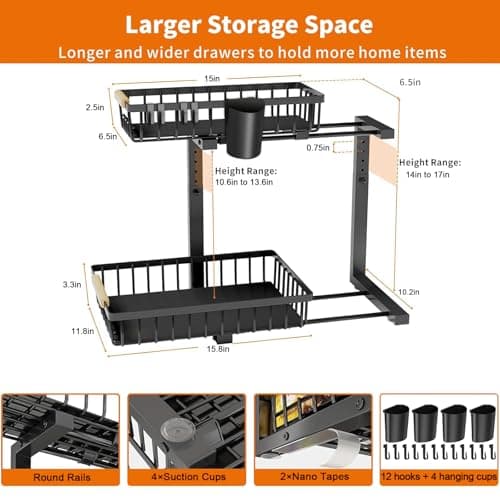 Upgraded 2-Pack 3.0 2-Tier Under Sink Organizer, Sliding Cabinet Shelf with Hooks & Cups, Rust-Resistant Black