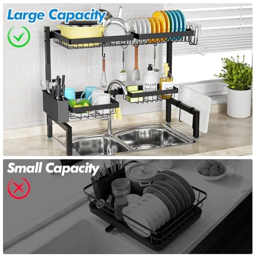 SNSLXH 2-Tier 4-Basket Over Sink Dish Drying Rack, Extensible & Adjustable, Large Kitchen Space Saver