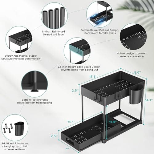 2-Pack Heavy-Duty Under Sink Organizers with Sliding Drawers for Kitchen and Bathroom - Black (12 x 8.7 x 15.7 inches)