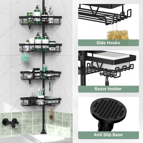 Stainless Steel 4 Tier Corner Shower Caddy - Adjustable 25-114.2 Inch Pole