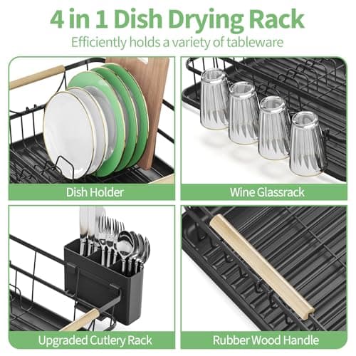 Black High-Sided Dish Drying Rack with Utensil Holder for Kitchen Counter