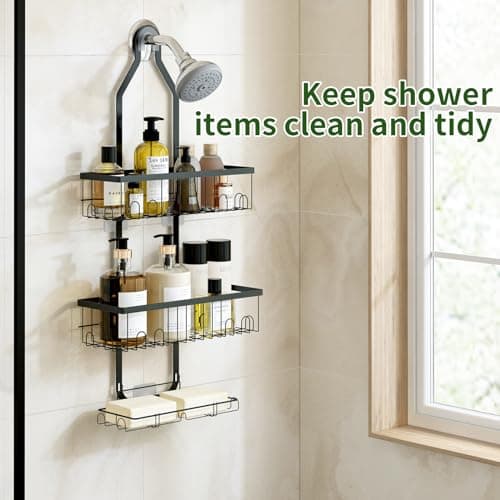 Fixwal Adjustable Height Black Shower Organizer with Hooks and Soap Holders