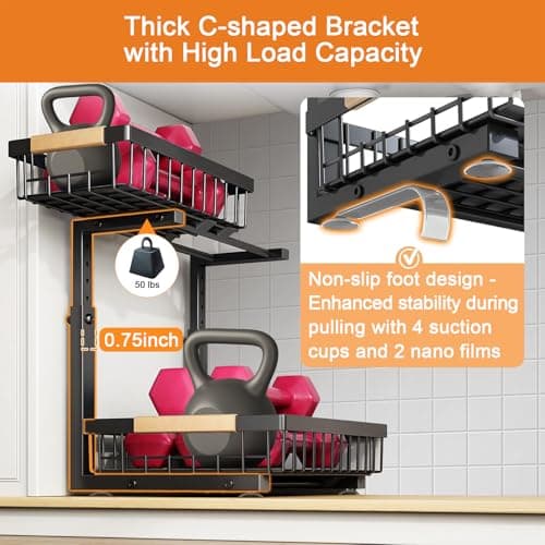 Upgraded 2-Pack 3.0 2-Tier Under Sink Organizer, Sliding Cabinet Shelf with Hooks & Cups, Rust-Resistant Black