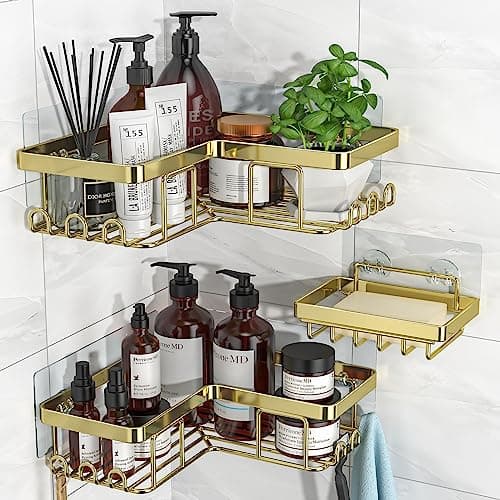 YASONIC Rustproof 3-Pack Adhesive Shower Caddy, 12 Hooks, Soap Holder, Brushed Silver
