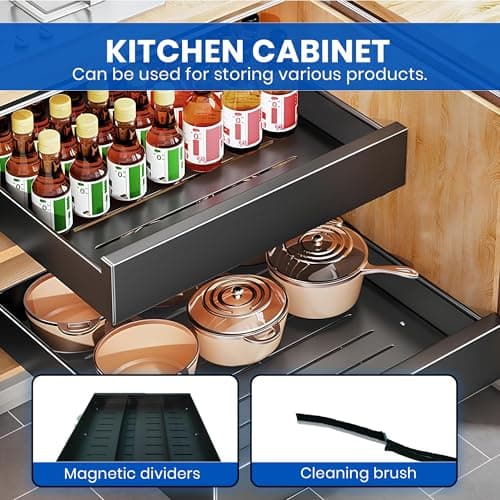 21" Deep Expandable Cabinet Organizer with Magnetic Dividers & Cleaning Brush - Black Slide-Out Drawer