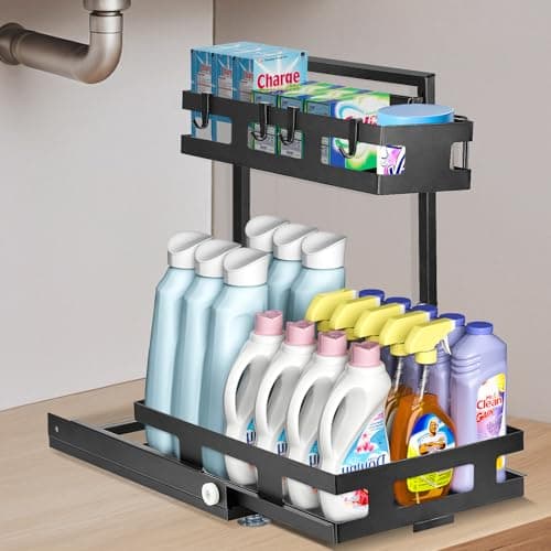 LBTING 2 Tier L-Shaped Metal Under Sink Organizer with Drawer - Black