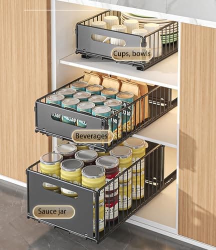 Sliding Cabinet Organizer for Kitchen - No Drilling Needed (Black, 2-Piece, 9.8 W x 15 D x 7.5 H)