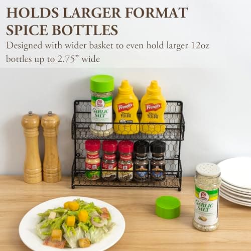 MyGift® Black Farmhouse Metal Spice Rack - Wall or Countertop 2-Tier Organizer