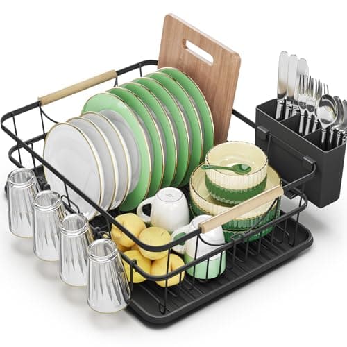 Black High-Sided Dish Drying Rack with Utensil Holder for Kitchen Counter
