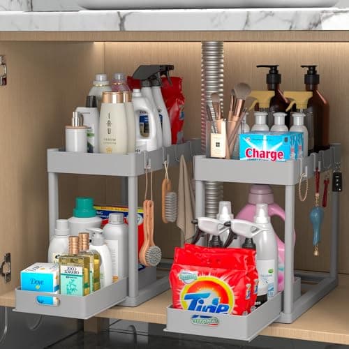 Black 2PC Under Sink Organizer Rack with Hooks for Bathroom Kitchen