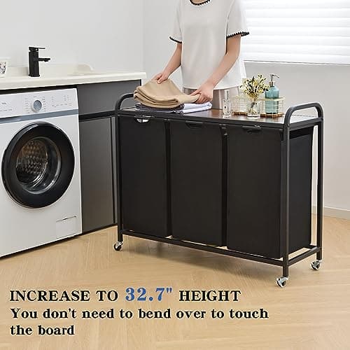 3-Section Rolling Laundry Hamper, B-BLACK, 144L Capacity