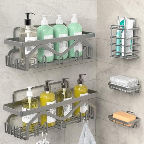 Coraje 5-Pack Adhesive Shower Organizer, Large Capacity, Rustproof (Black)