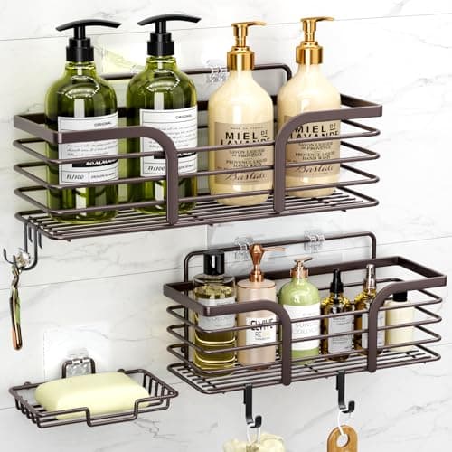 Rustproof Stainless Steel Shower Organizer, Soap Dish & 4 Hooks, Adhesive Mount No Drill Shelf Basket Accessories