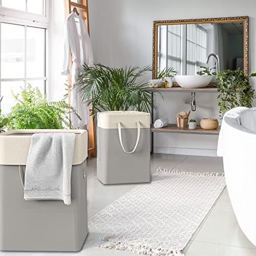 Gray Collapsible Laundry Hamper, 75L Rectangle Cotton Basket with Drawstring Handles, Pack of 2