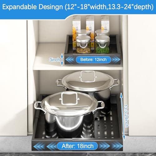 Black Minimalist Expandable Cabinet Organizer, 18" W x 5" H, 65 lbs Capacity, Kitchen Pantry Bathroom