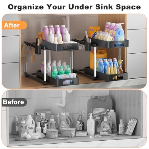 2-Tier Under Sink Organizer, Adjustable Kitchen & Bathroom Storage, Black