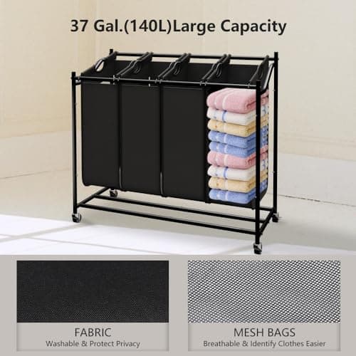 Black LUCKUP 4-Section Laundry Sorter with Hanging Bar
