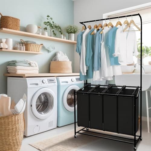 Black LUCKUP 4-Section Laundry Sorter with Hanging Bar