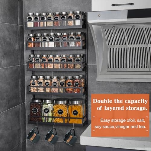 X-cosrack 5-Tier Height-Adjustable Wall Mount Spice Rack Organizer for Kitchen Pantry - Dual-Use Seasoning Holder with Hooks, Black