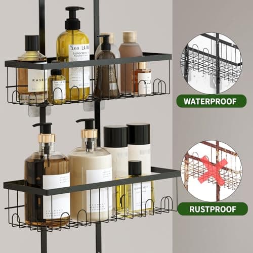 Fixwal Adjustable Height Black Shower Organizer with Hooks and Soap Holders