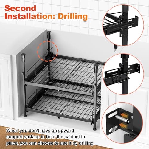 21" Deep No-Drill Kitchen Cabinet Organizer for Pots and Pans, Black Expandable Shelves