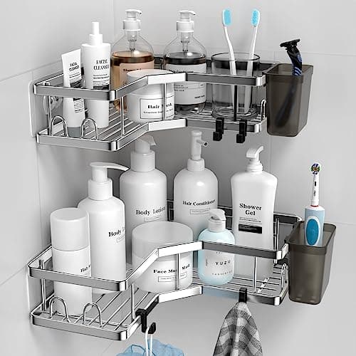 Stainless Steel Adhesive Corner Shower Caddy, 2 Pack, Hooks & Toothpaste Holder