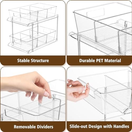 2 Pack Clear 2 Tier Bathroom Organizer with Dividers for Vanity, Kitchen, Closet Storage