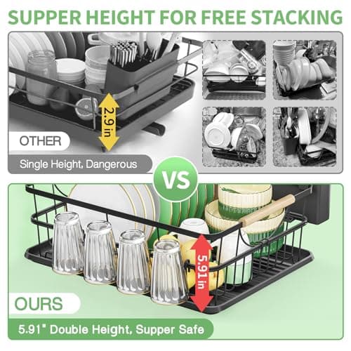 Black High-Sided Dish Drying Rack with Utensil Holder for Kitchen Counter