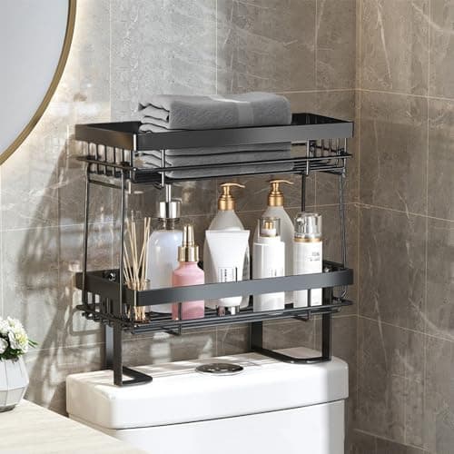 Toilet Storage Organizer Shelf, 2 Tier Stackable Bathroom Organizer & Storage Rack, Screwless Design, Punch-Free - Black