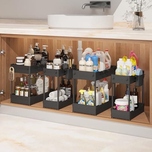 2 Pack Under Sink Organizer, Black: Hooks & Cups for Multi-Purpose Storage
