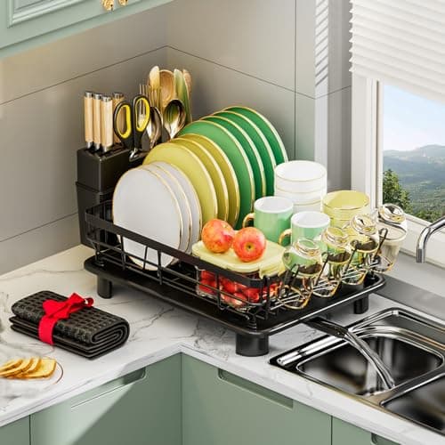 Large Drainboard Rack for Kitchen Counter - 4 Slots, Knife Fork Holder, Cup Organizer, Durable Black Steel