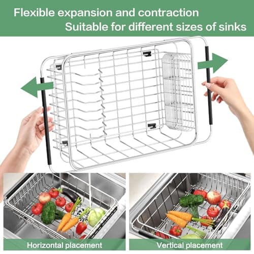 Adjustable 304 Stainless Steel Sink Dish Drier Rack with Utensil Holder