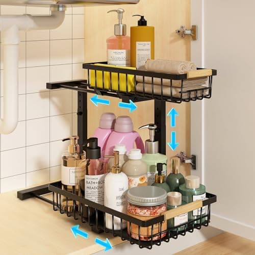 REALINN Height Adjustable Under Sink Organizer, 2 Tier Pull Out Cabinet Storage for Kitchen & Bathroom
