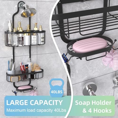 Kadolina Overhead Shower Caddy with Hooks, Black [Patented]