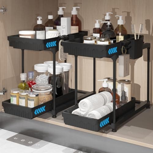 2 Pack Under Sink Organizer, Black: Hooks & Cups for Multi-Purpose Storage