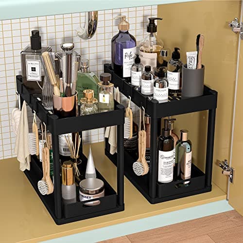 Black 2PC Under Sink Organizer Rack with Hooks for Bathroom Kitchen