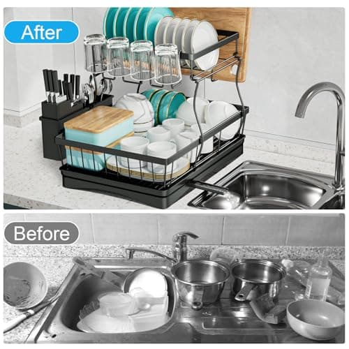 Large Dish Drying Rack for Kitchen Counter with Utensil Holder, 2-Tier Organizer in Black