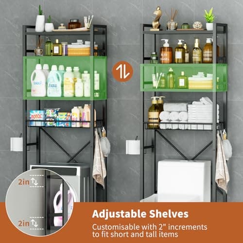 Black Over-The-Toilet Storage with 4 Tiers and 9 Hooks