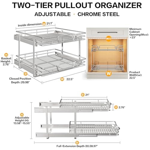 2-Tier Kitchen Cabinet Pull-Out Shelf and Drawer Organizer for Pantry Storage (Multiple Sizes Available: 22½ W x 21½)