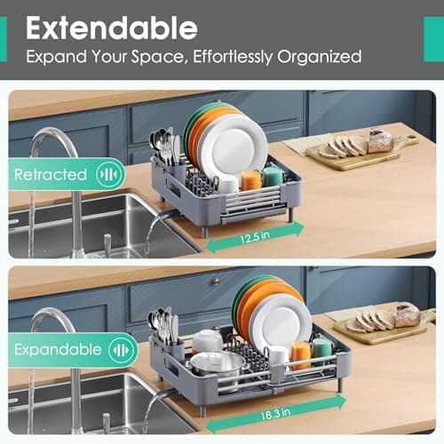 Extendable Gray Dish Drying Rack with Drainboard & Cutlery Holder